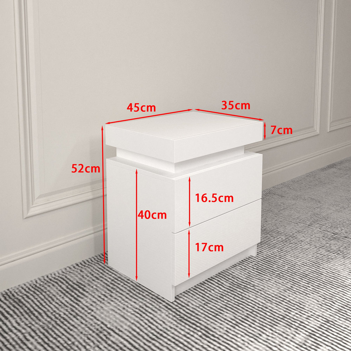 White Nightstand with LED Lights and 2 Drawers