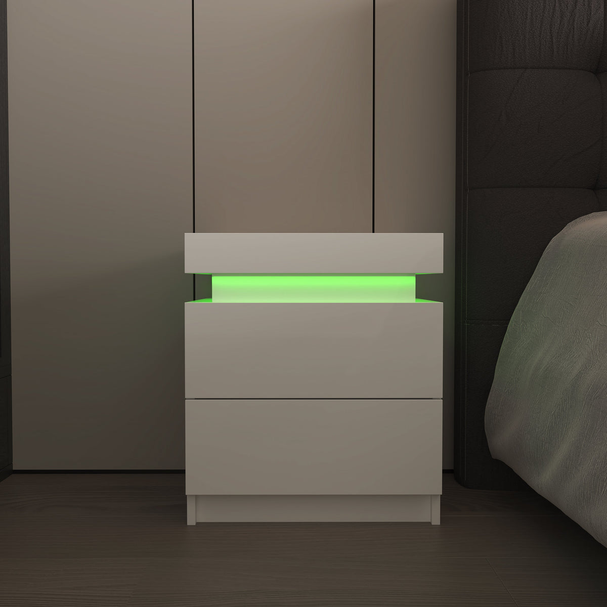 White Nightstand with LED Lights and 2 Drawers