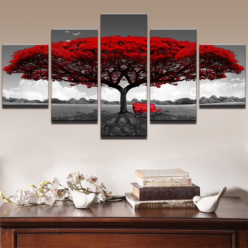 5-Piece Red Tree Canvas Wall Art for Dramatic Rooms