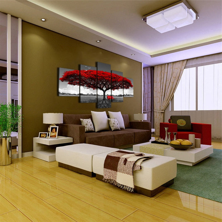 5-Piece Red Tree Canvas Wall Art for Dramatic Rooms