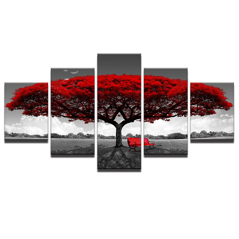 5-Piece Red Tree Canvas Wall Art for Dramatic Rooms