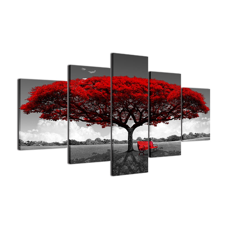 5-Piece Red Tree Canvas Wall Art for Dramatic Rooms