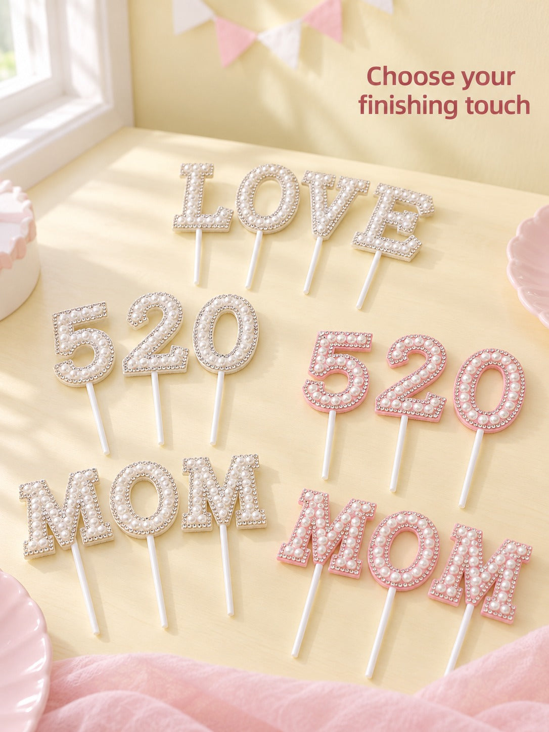 MOM Cake Topper with Pearls & Crystals for Mother's Day