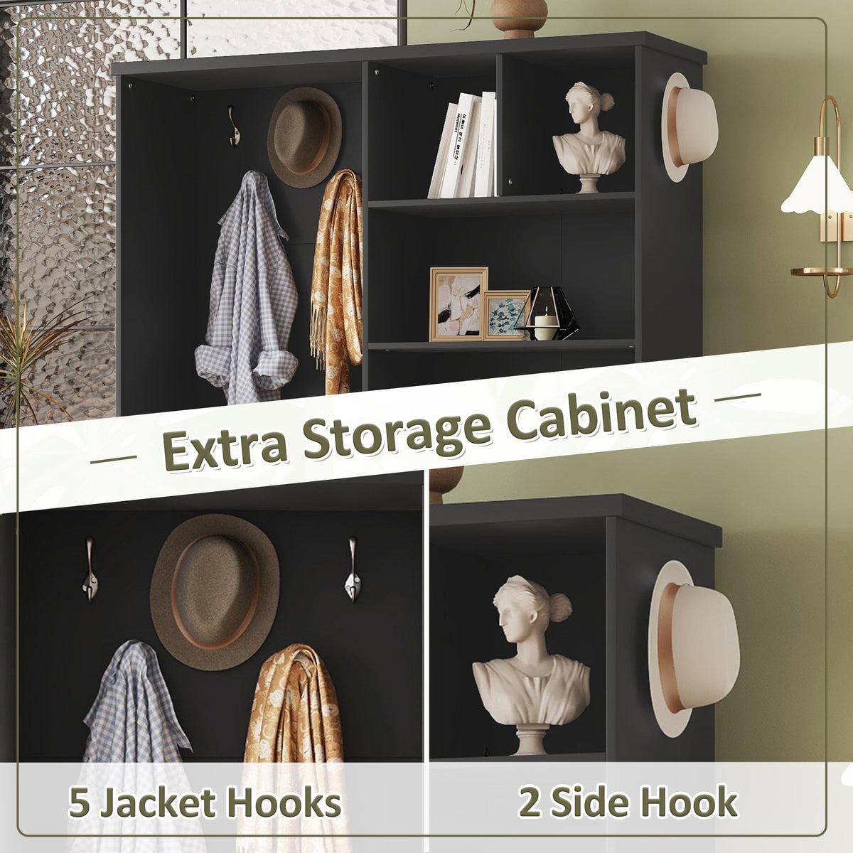 Modern Black Hall Tree with Shoe Bench and Coat Hooks
