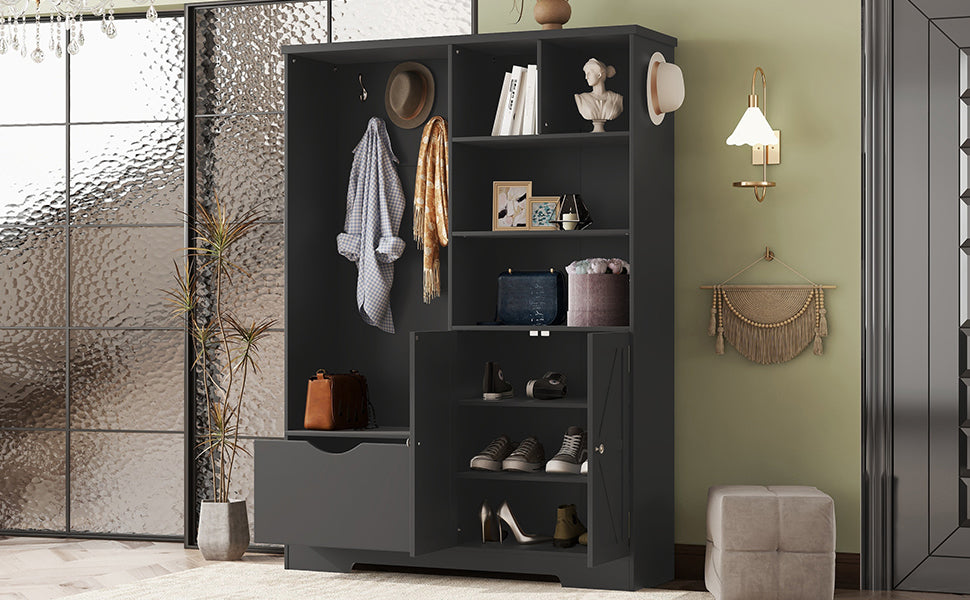 Modern Black Hall Tree with Shoe Bench and Coat Hooks