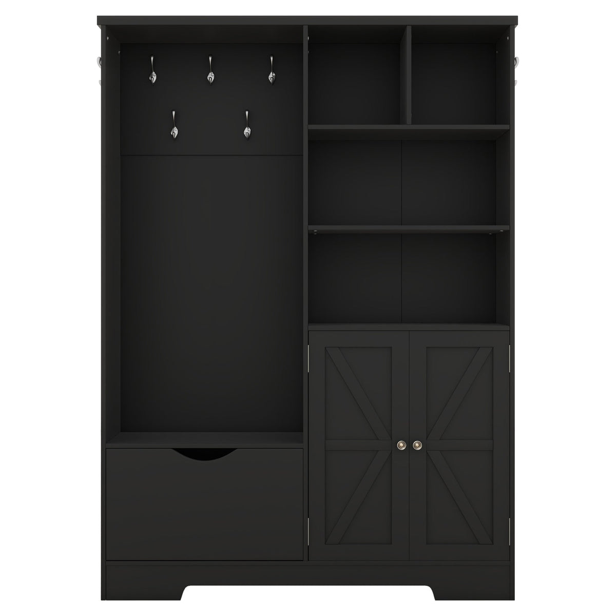 Modern Black Hall Tree with Shoe Bench and Coat Hooks