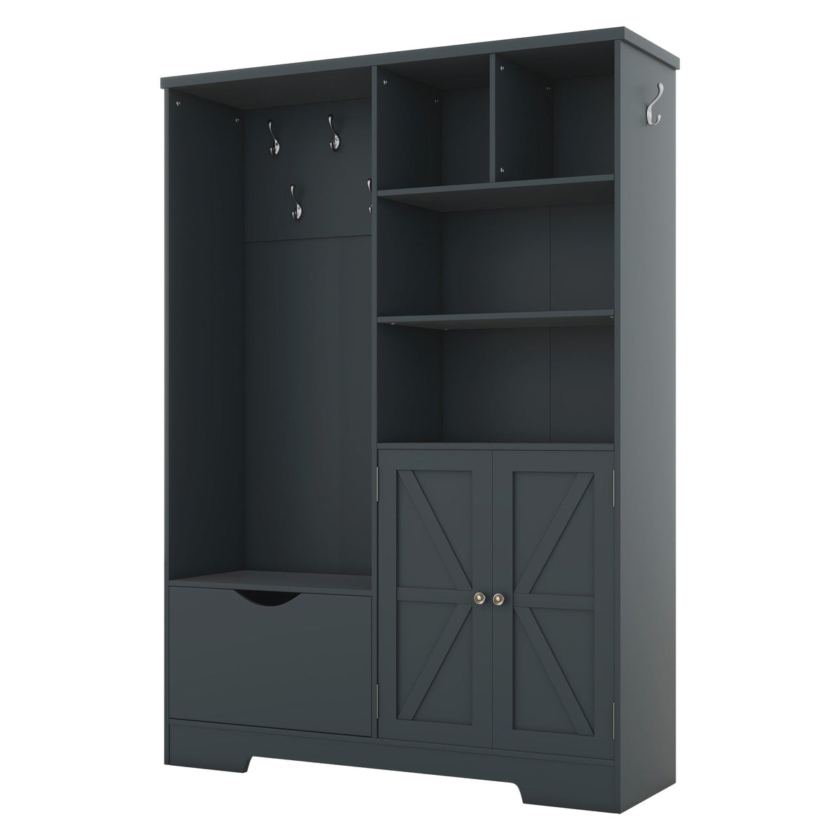 Hall Tree with Shoe Drawer, Storage Cabinet and Coat Hooks