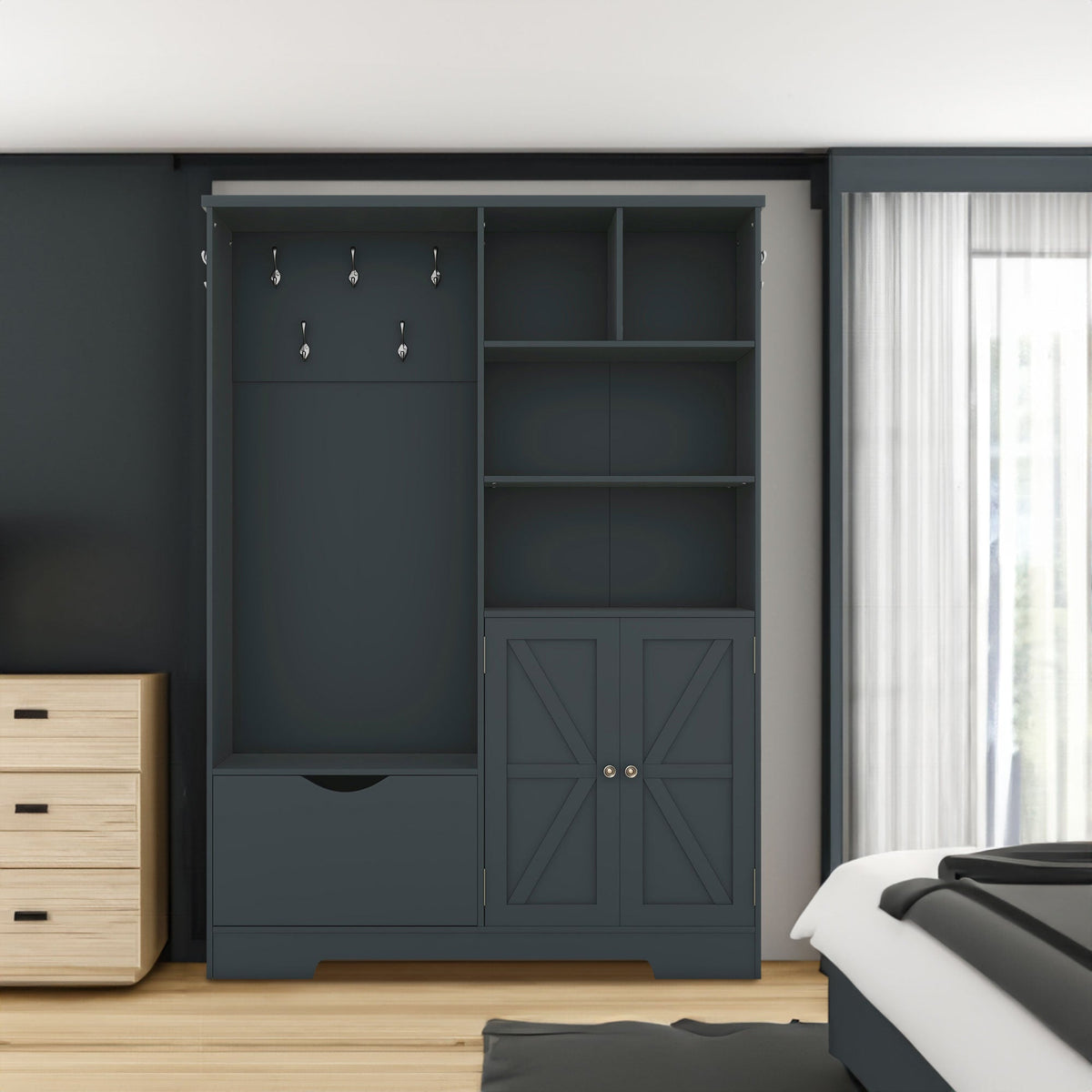 Hall Tree with Shoe Drawer, Storage Cabinet and Coat Hooks