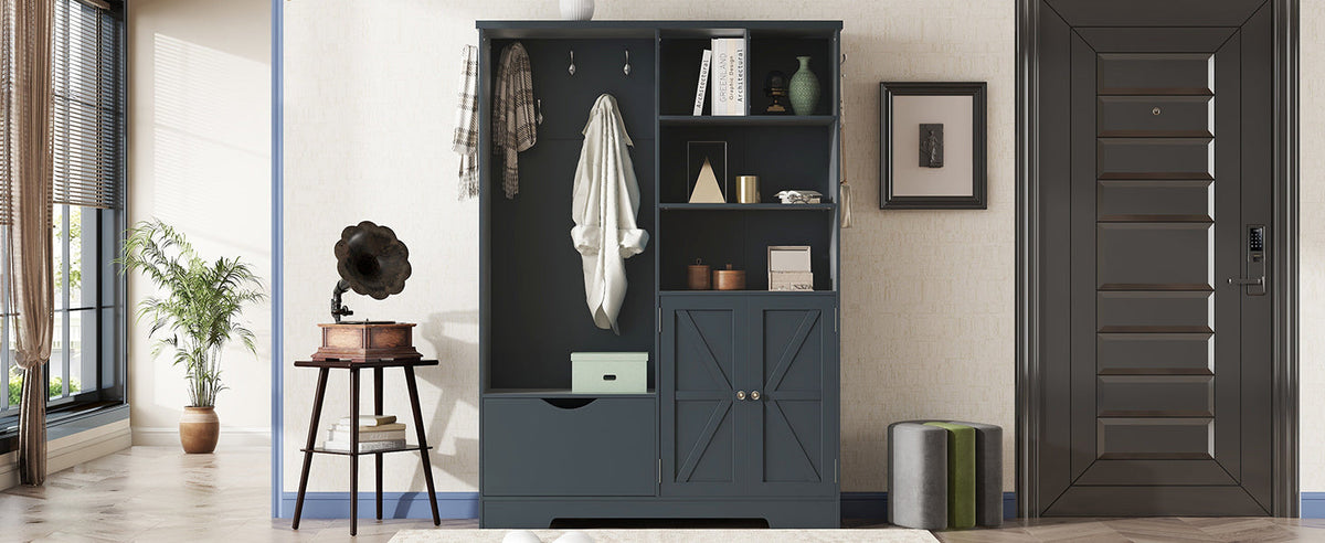 Hall Tree with Shoe Drawer, Storage Cabinet and Coat Hooks