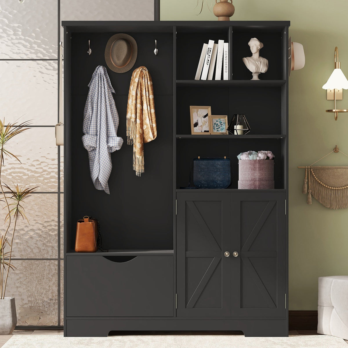 Modern Black Hall Tree with Shoe Bench and Coat Hooks