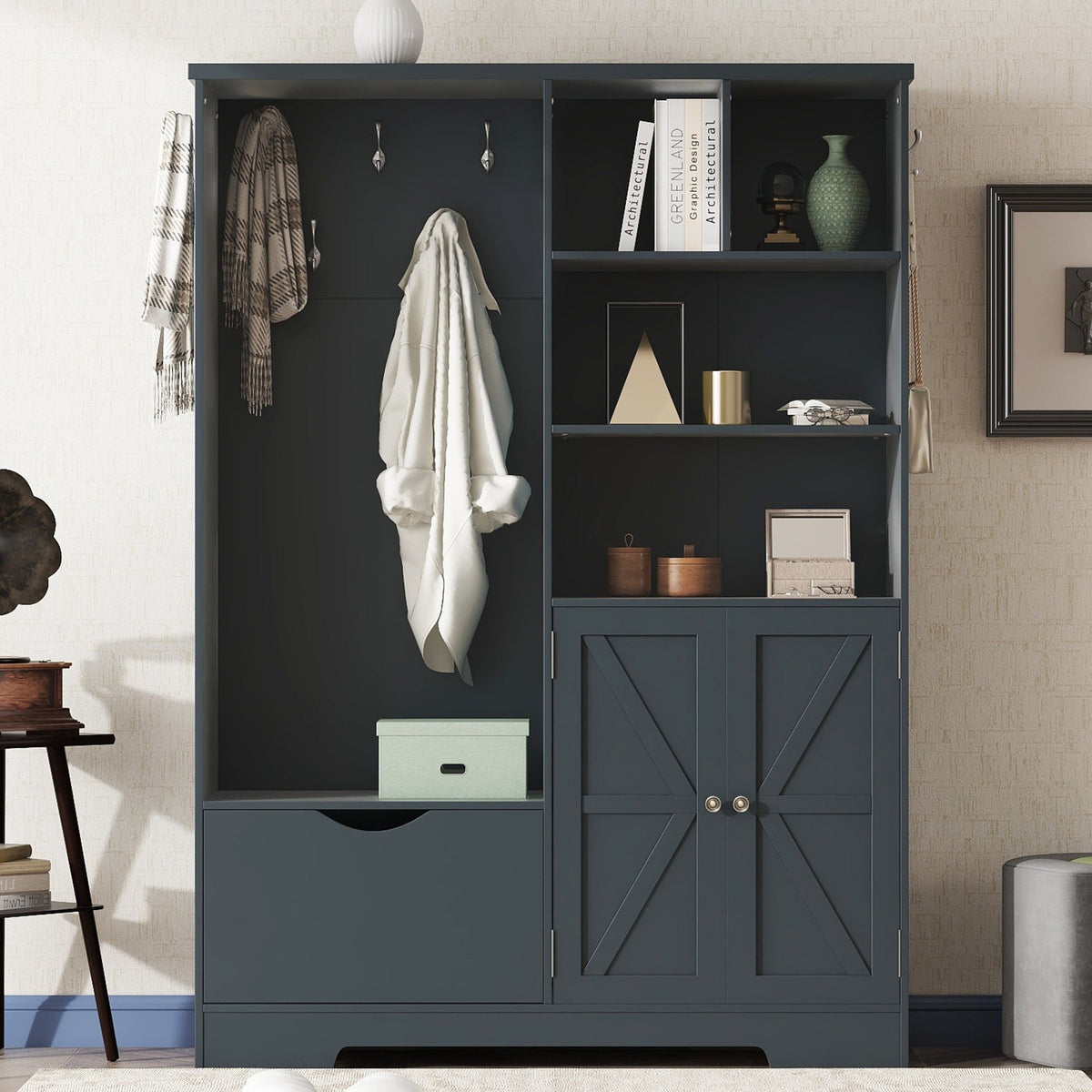 Hall Tree with Shoe Drawer, Storage Cabinet and Coat Hooks