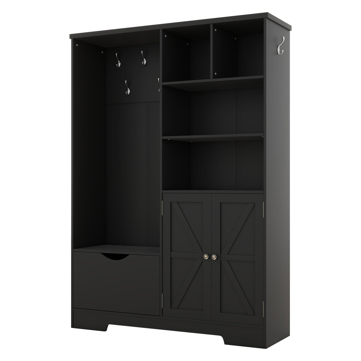 Modern Black Hall Tree with Shoe Bench and Coat Hooks