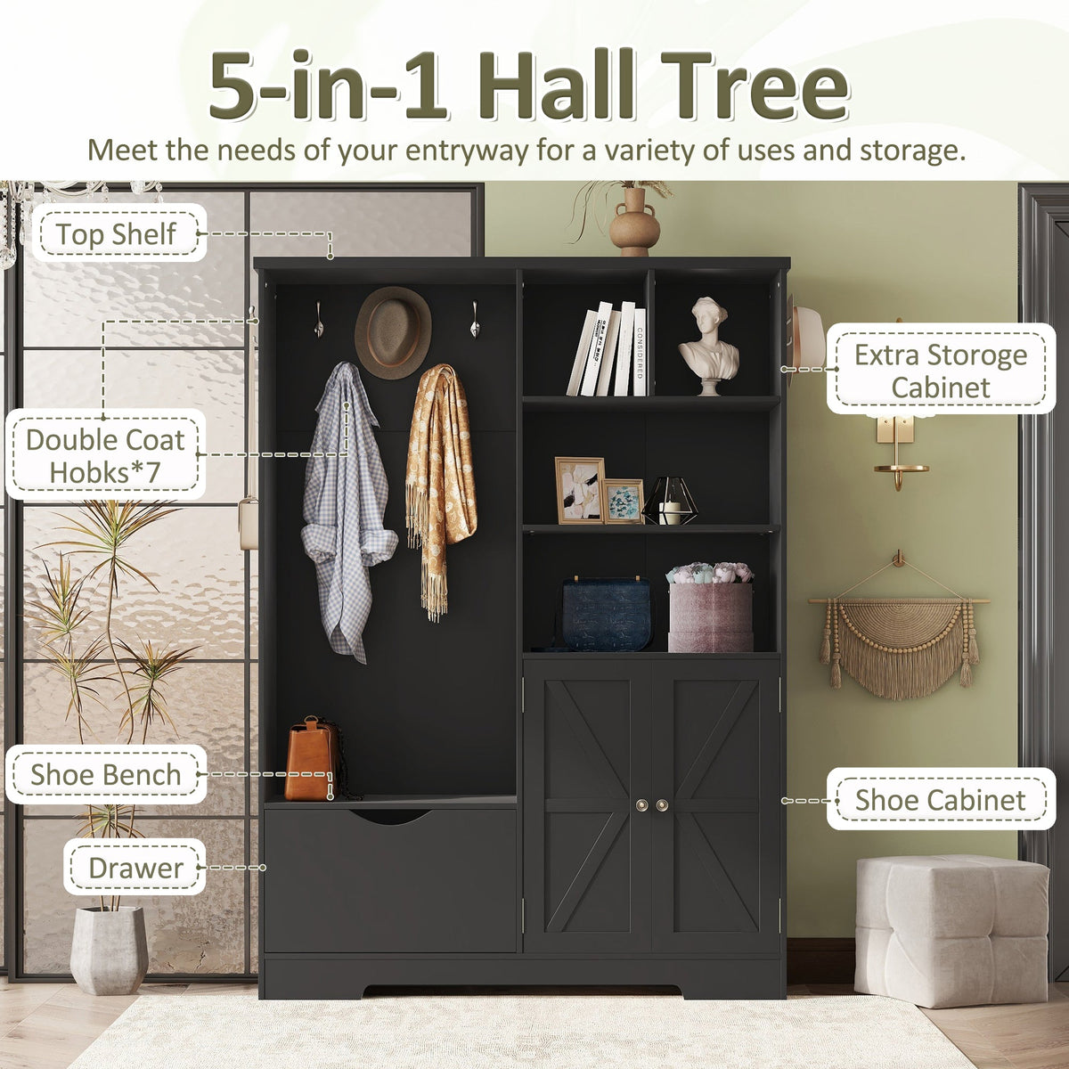 Modern Black Hall Tree with Shoe Bench and Coat Hooks