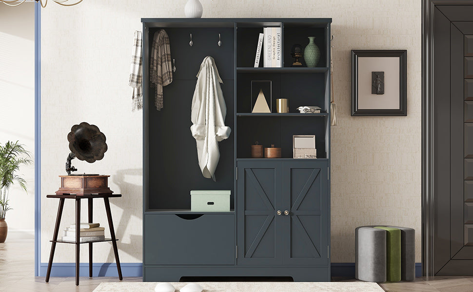 Hall Tree with Shoe Drawer, Storage Cabinet and Coat Hooks