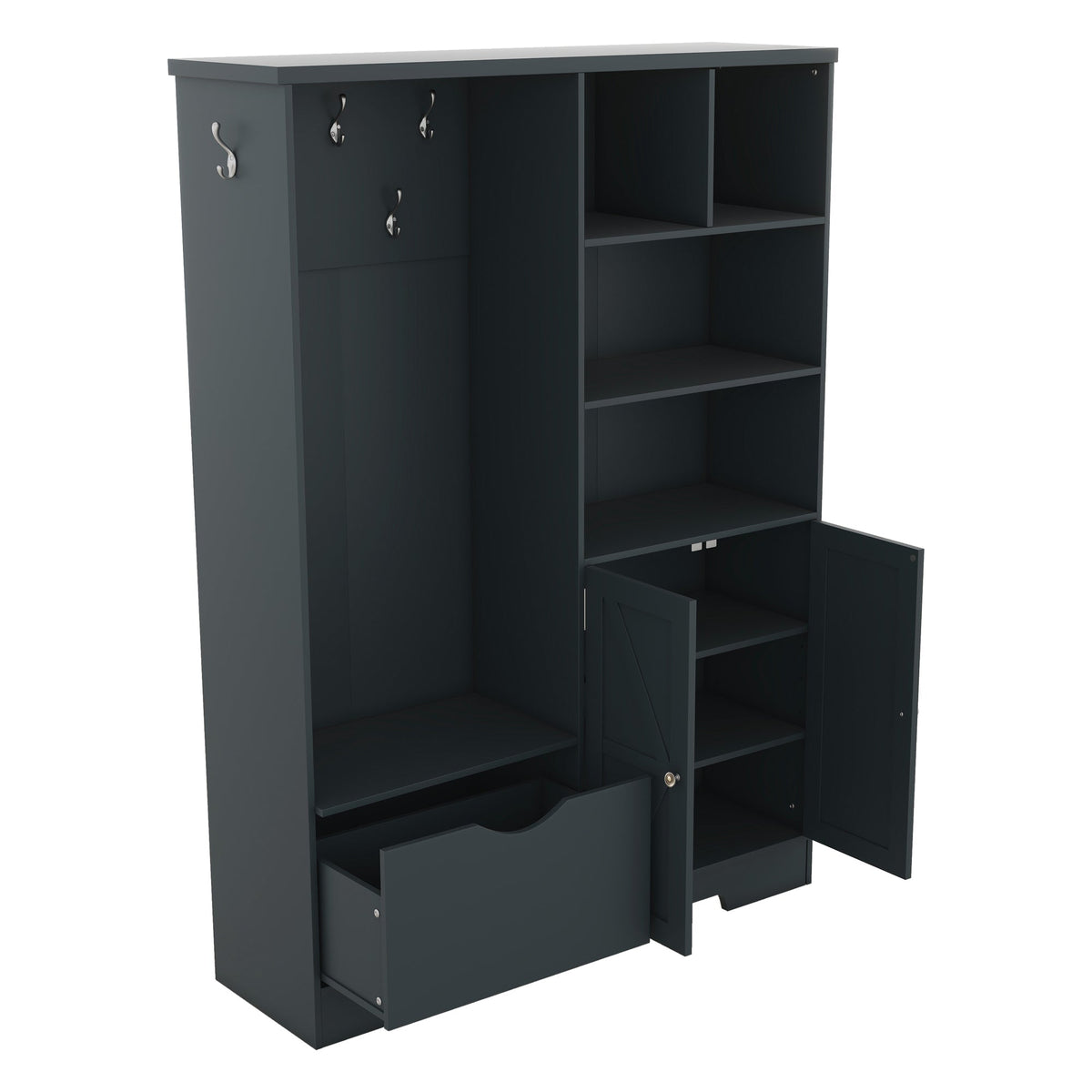 Hall Tree with Shoe Drawer, Storage Cabinet and Coat Hooks
