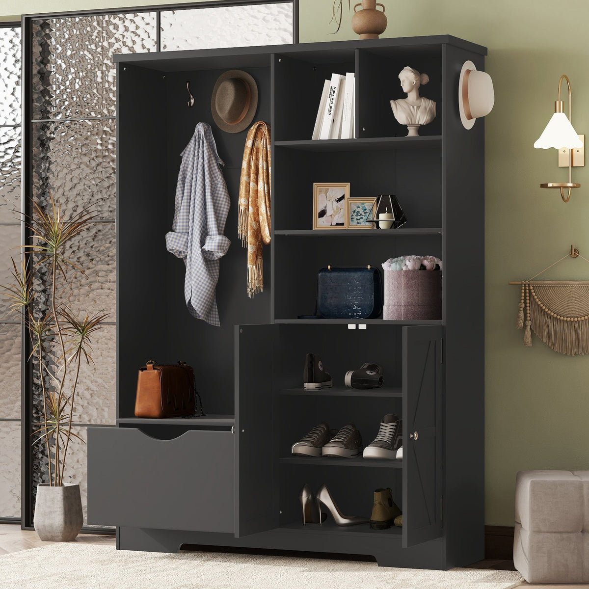 Modern Black Hall Tree with Shoe Bench and Coat Hooks