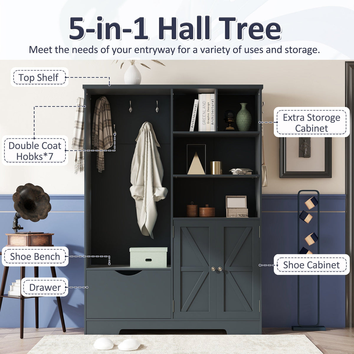 Hall Tree with Shoe Drawer, Storage Cabinet and Coat Hooks