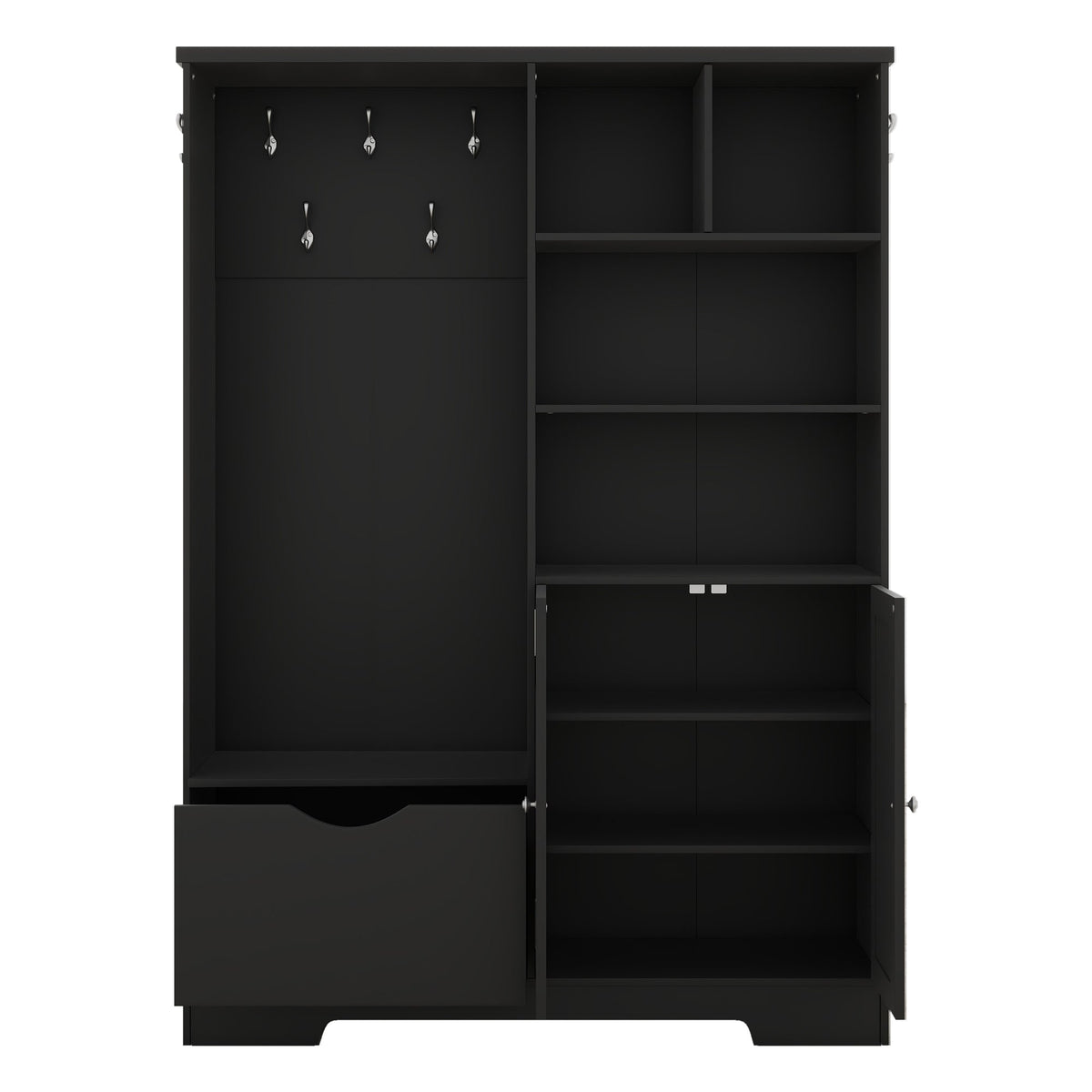 Modern Black Hall Tree with Shoe Bench and Coat Hooks