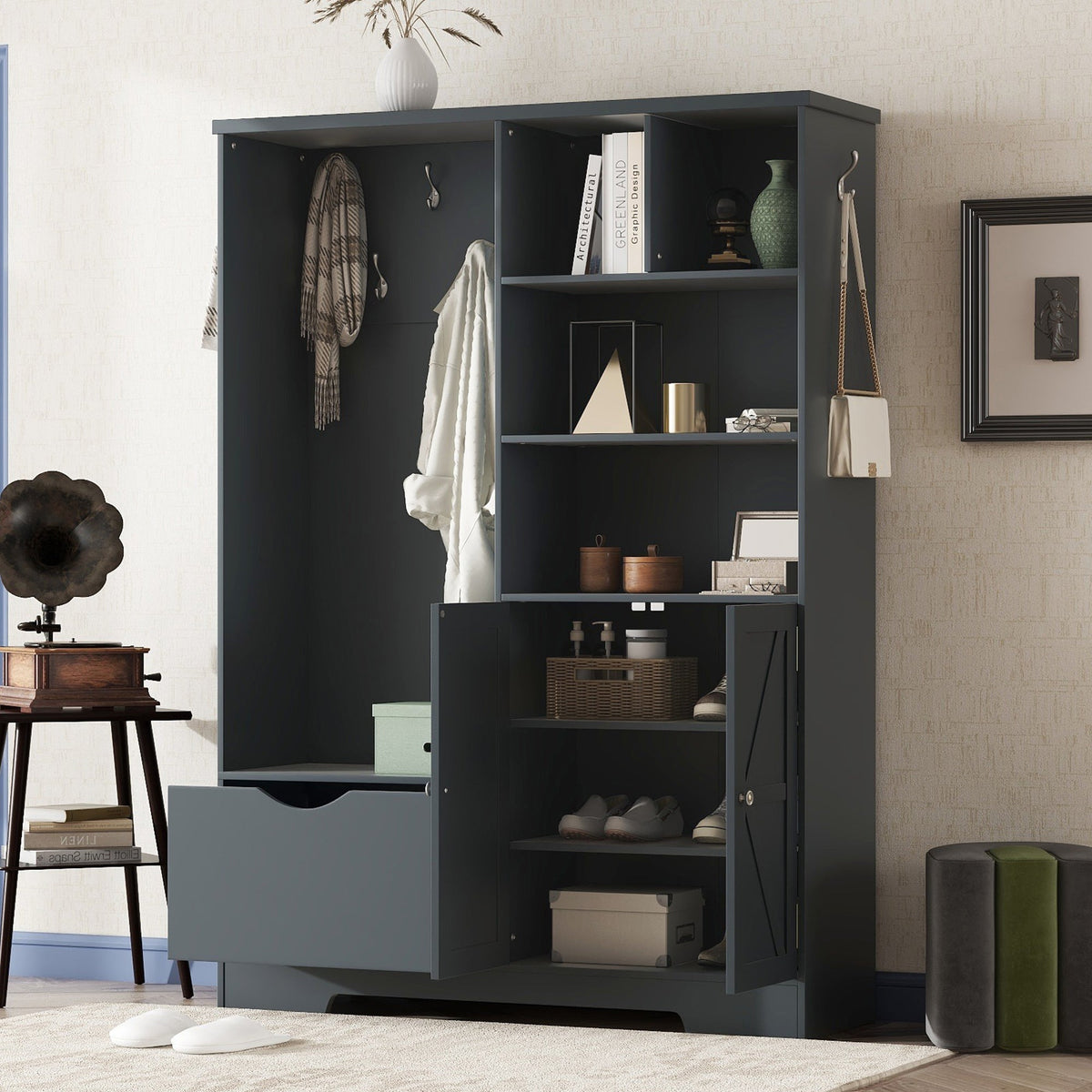 Hall Tree with Shoe Drawer, Storage Cabinet and Coat Hooks