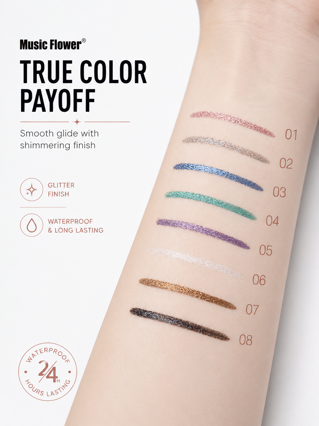 Music Flower Glitter Eyeliner Pen — 8 Shades, 24HR Waterproof