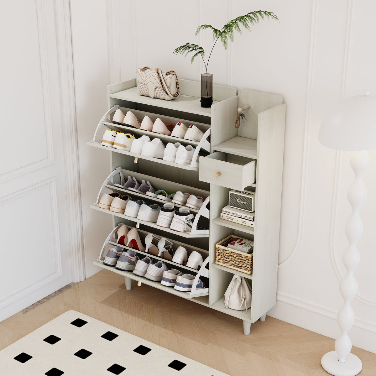 Rattan Shoe Cabinet with Flip Drawers, White Boho
