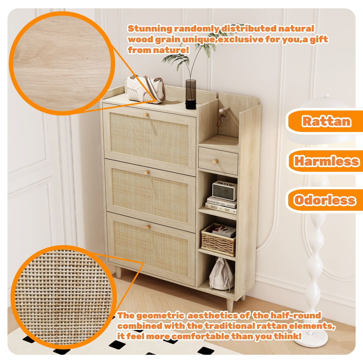 Rattan Flip Drawer Shoe Cabinet for Bohemian Entryways