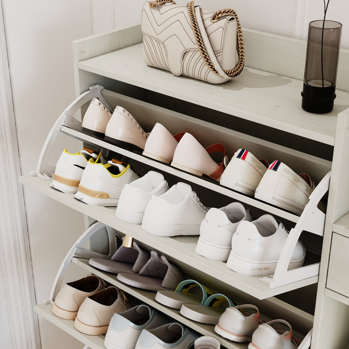 Rattan Shoe Cabinet with Flip Drawers, White Boho