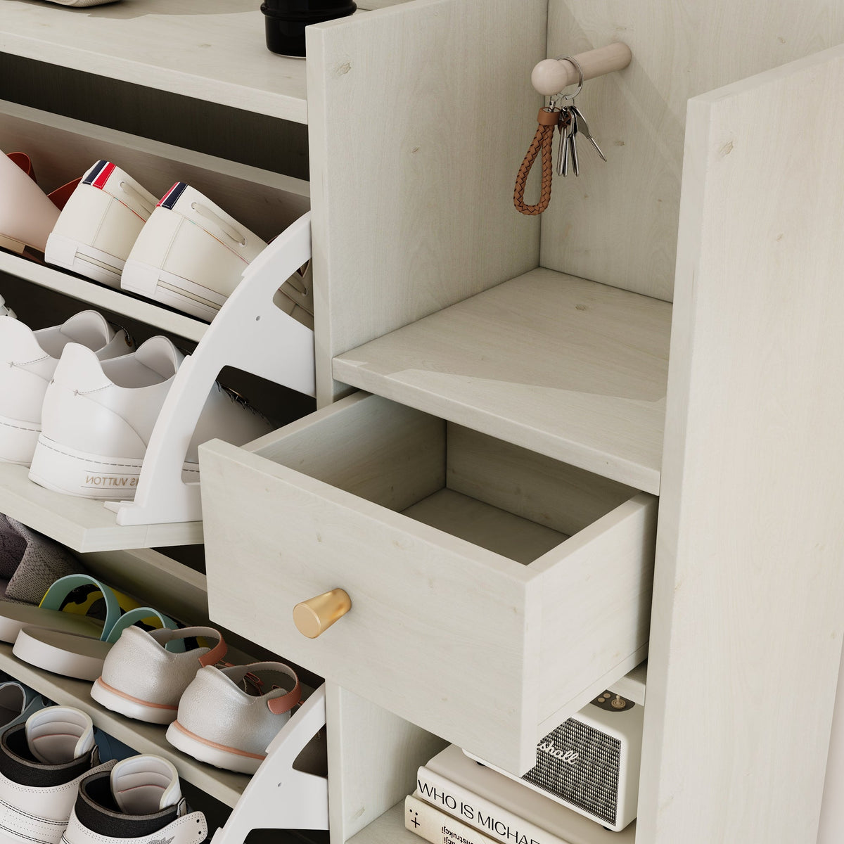 Rattan Shoe Cabinet with Flip Drawers, White Boho