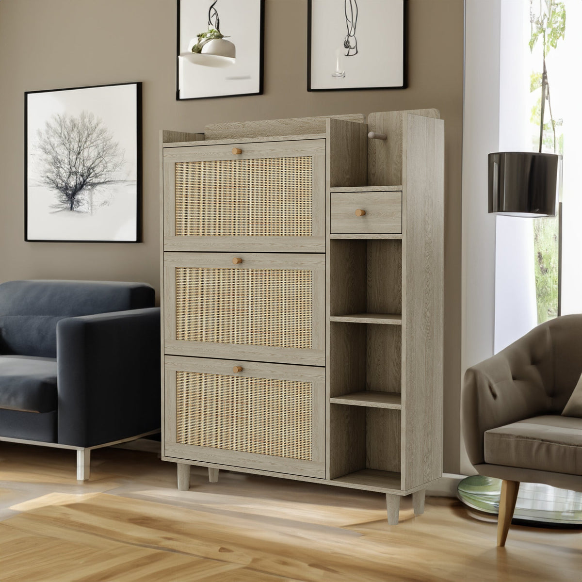 Rattan Flip Drawer Shoe Cabinet for Bohemian Entryways