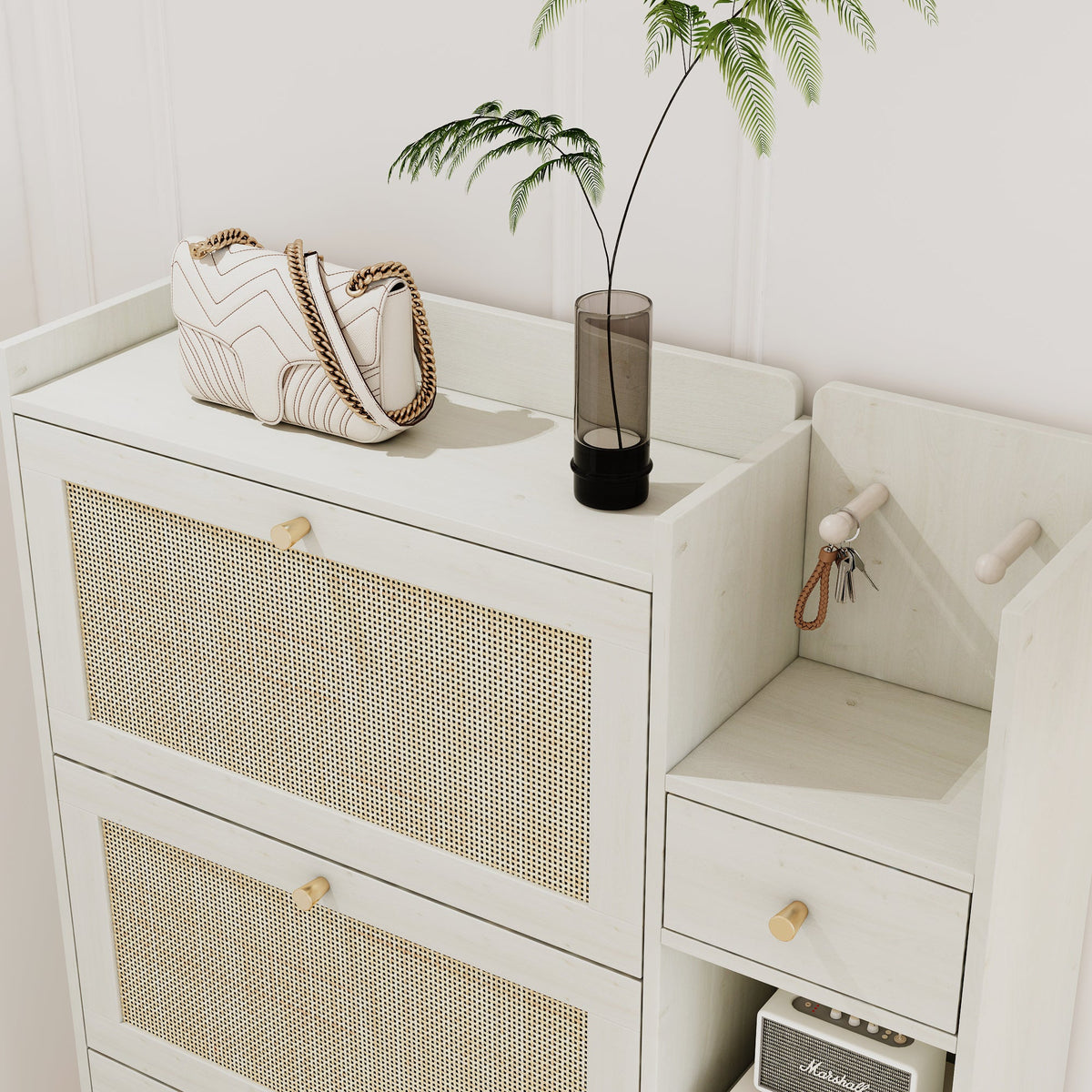 Rattan Shoe Cabinet with Flip Drawers, White Boho