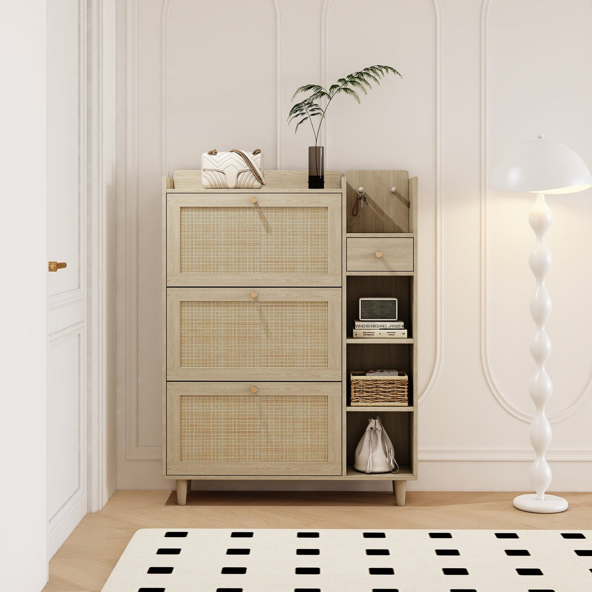 Rattan Flip Drawer Shoe Cabinet for Bohemian Entryways