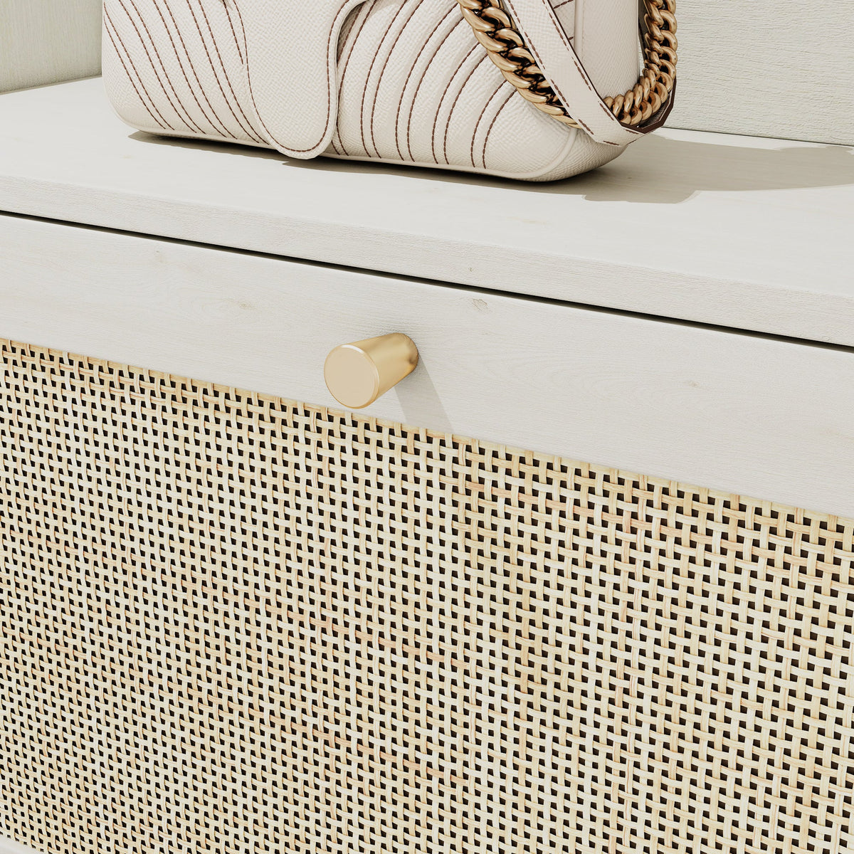 Rattan Shoe Cabinet with Flip Drawers, White Boho