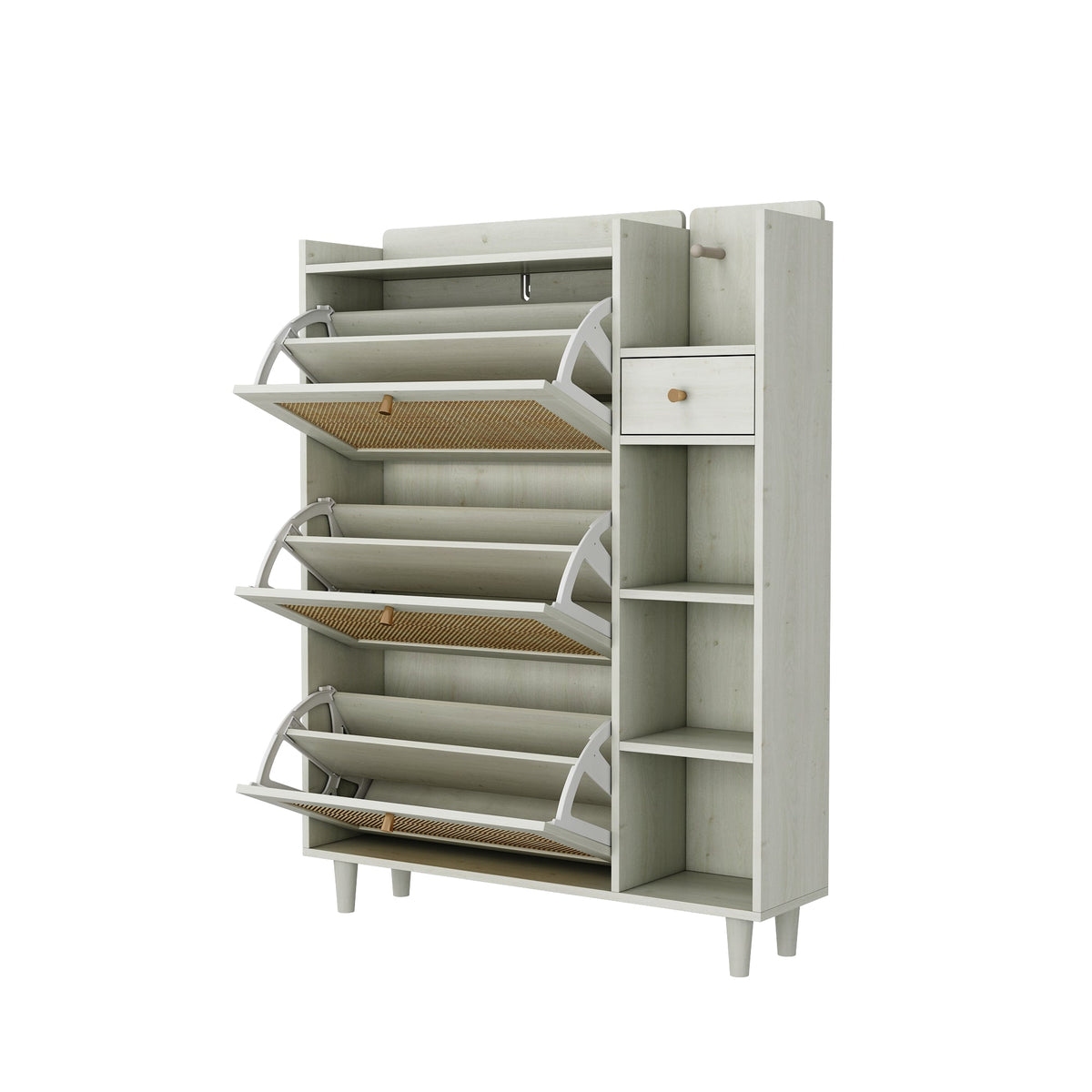 Rattan Shoe Cabinet with Flip Drawers, White Boho