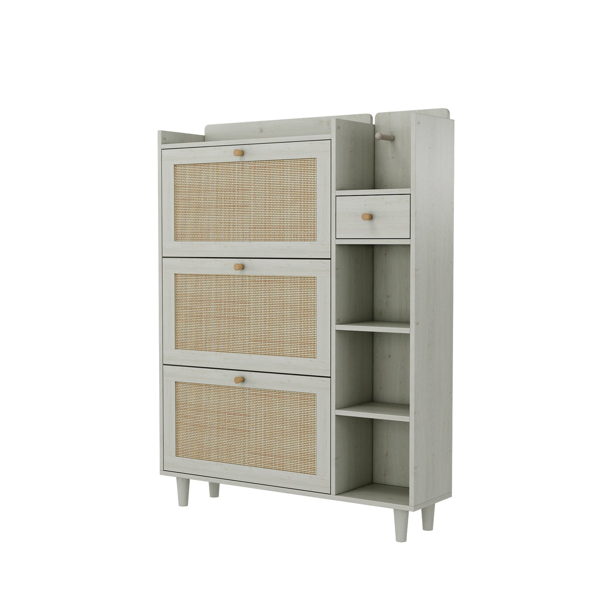 Rattan Shoe Cabinet with Flip Drawers, White Boho