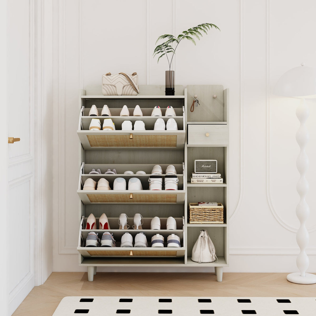 Rattan Shoe Cabinet with Flip Drawers, White Boho