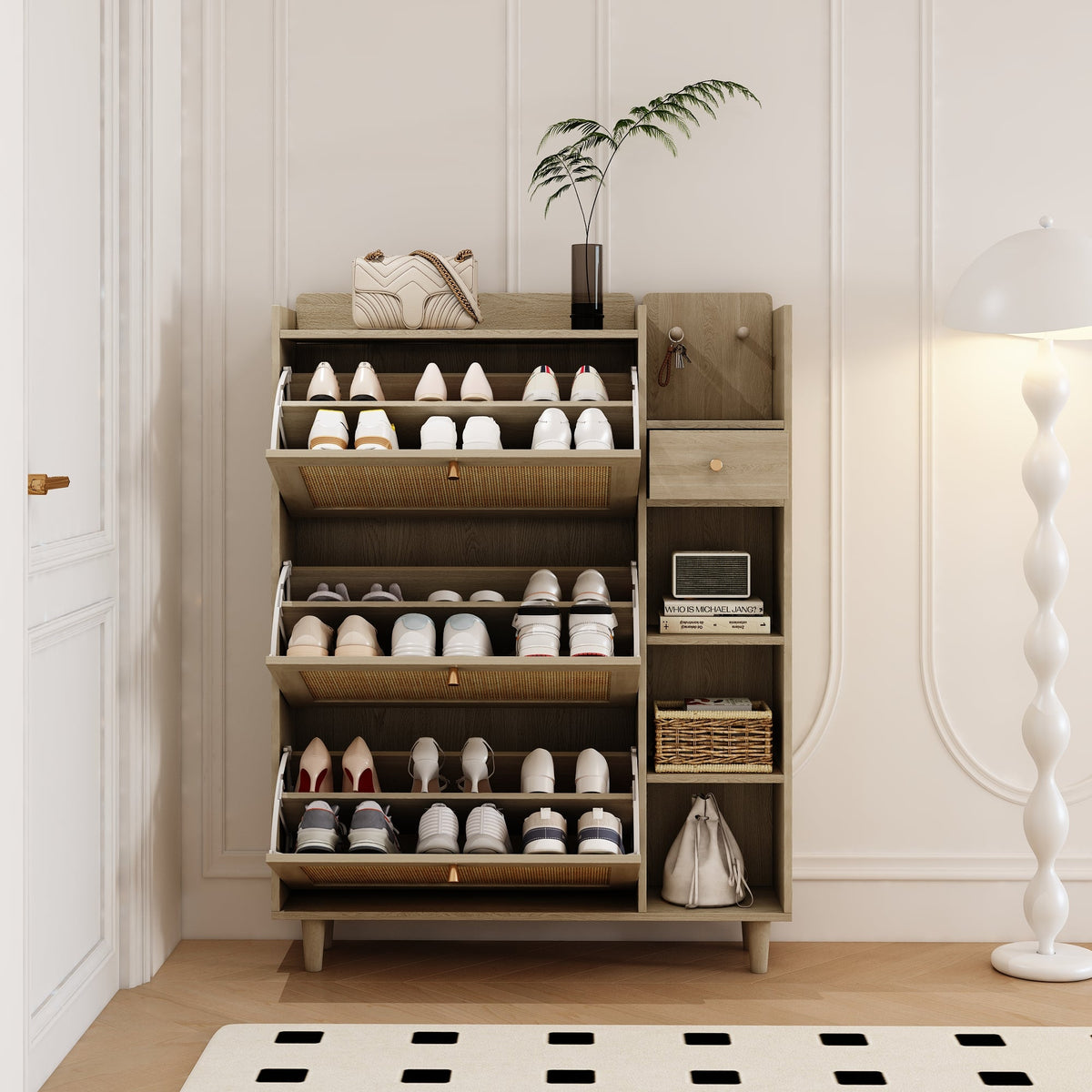 Rattan Flip Drawer Shoe Cabinet for Bohemian Entryways