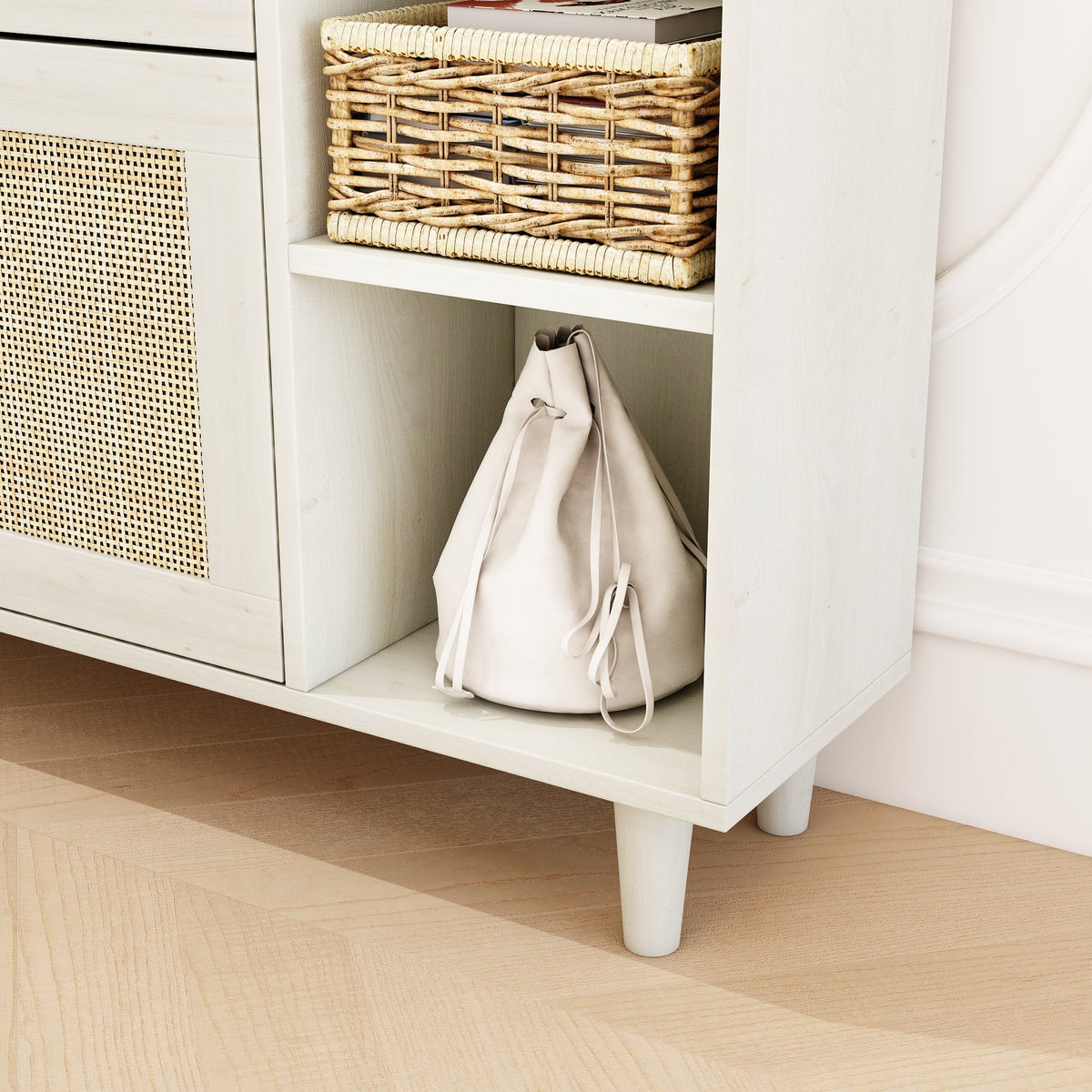 Rattan Shoe Cabinet with Flip Drawers, White Boho