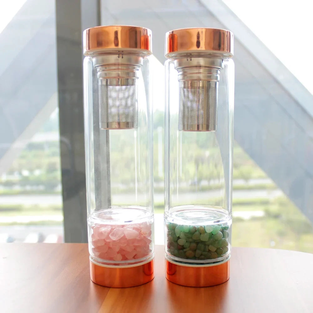 Glass Infuser Water Bottle with Tea Filter and Gemstones