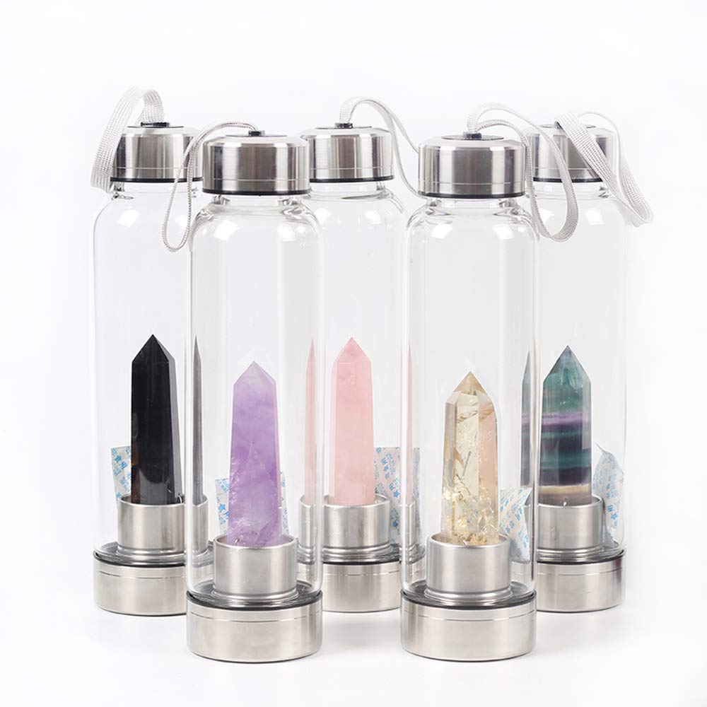 Crystal Gemstone Glass Water Bottle with Crystal Point