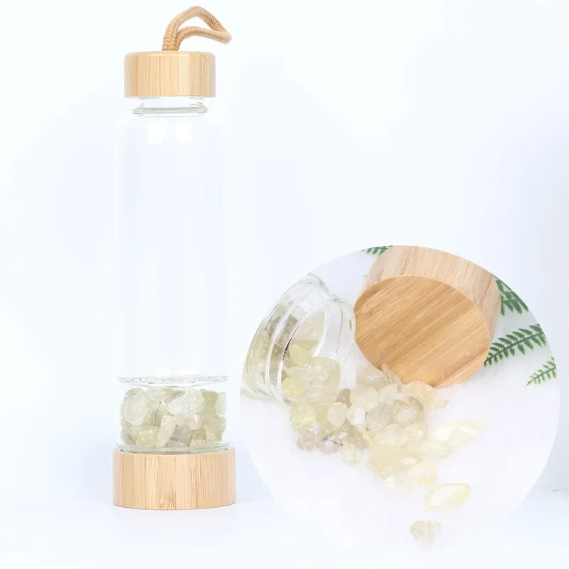 Gemstone Glass Water Bottle with Bamboo Lid and Cord