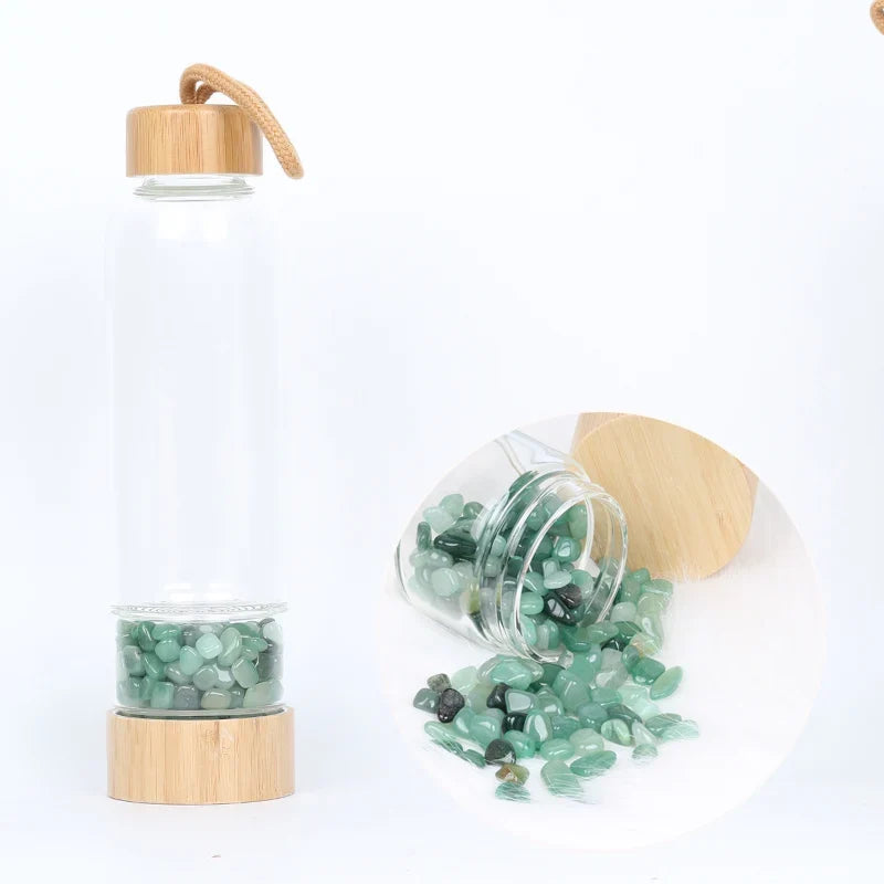Gemstone Glass Water Bottle with Bamboo Lid and Cord