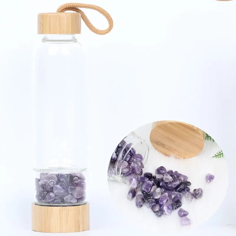 Gemstone Glass Water Bottle with Bamboo Lid and Cord