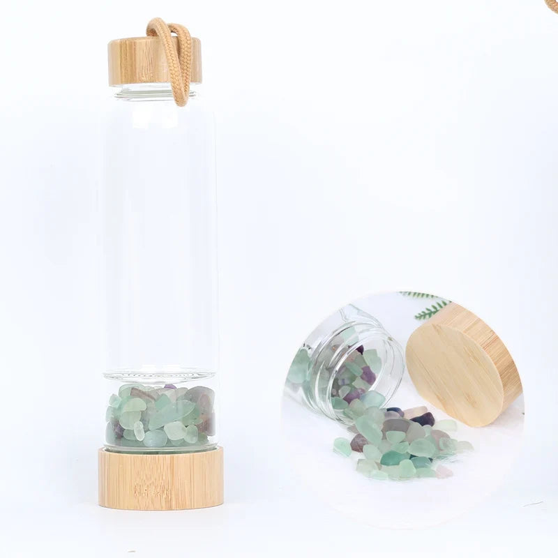 Gemstone Glass Water Bottle with Bamboo Lid and Cord