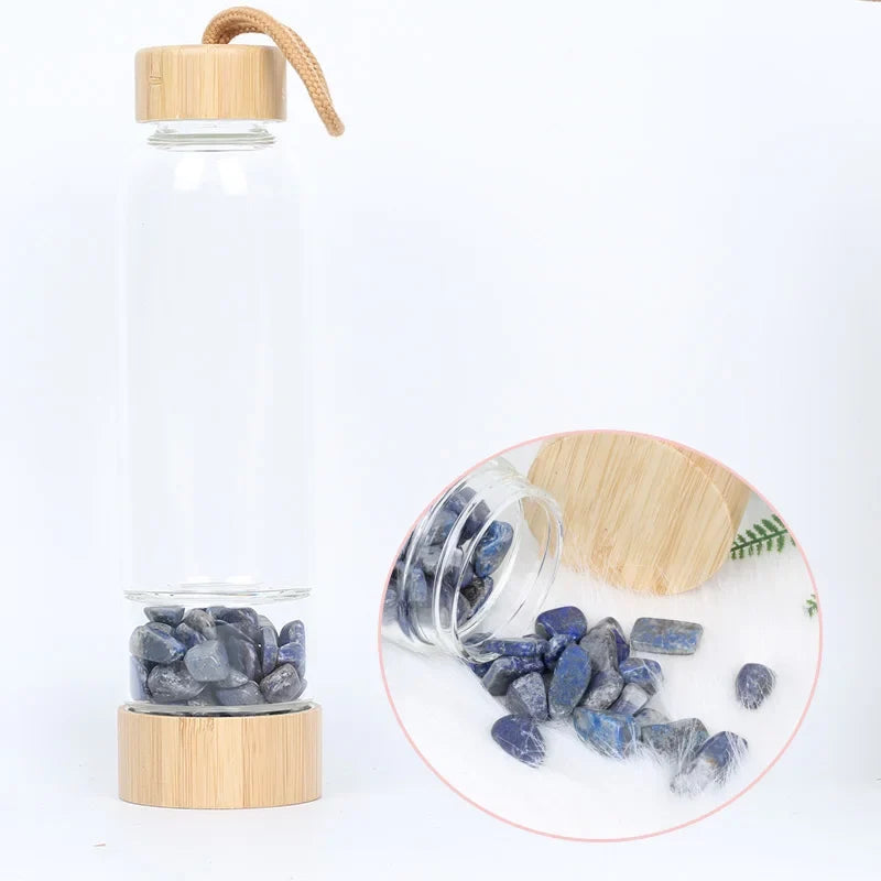 Gemstone Glass Water Bottle with Bamboo Lid and Cord