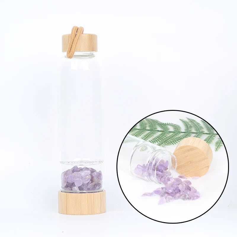 Gemstone Glass Water Bottle with Bamboo Lid and Cord