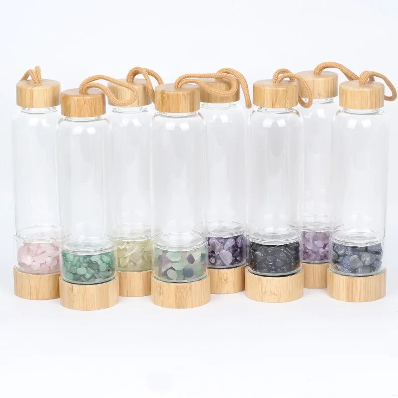 Gemstone Glass Water Bottle with Bamboo Lid and Cord