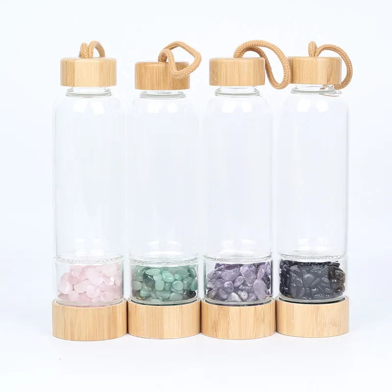 Gemstone Glass Water Bottle with Bamboo Lid and Cord