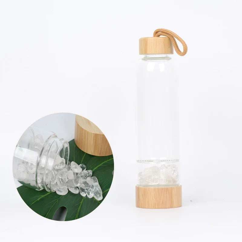 Gemstone Glass Water Bottle with Bamboo Lid and Cord