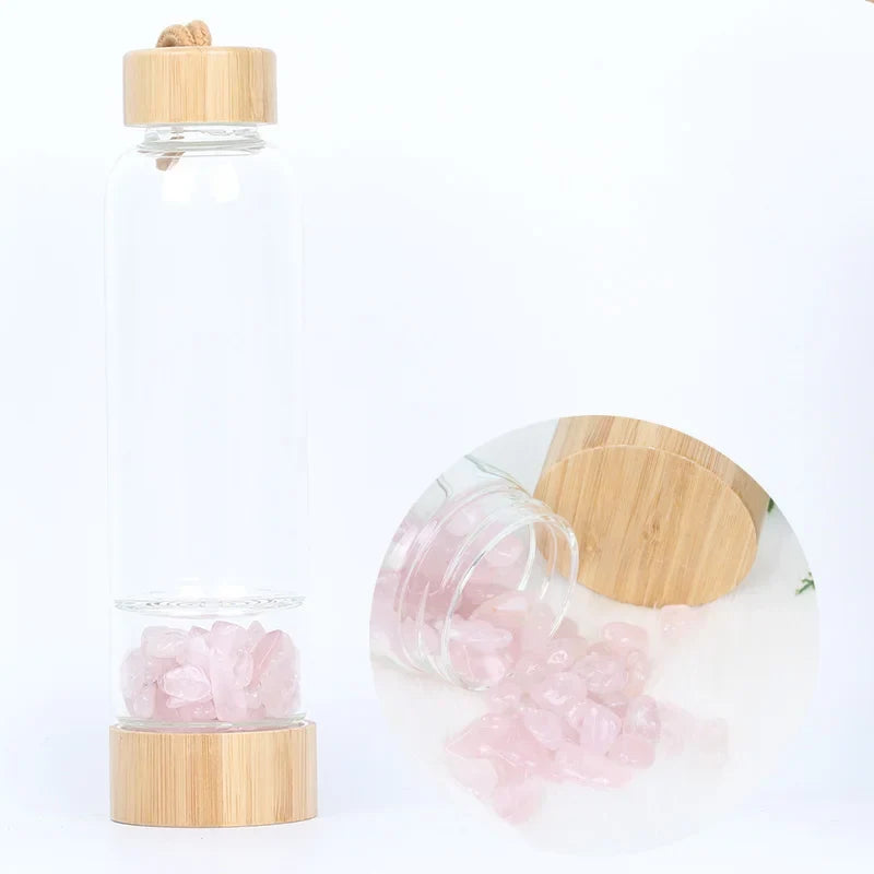 Gemstone Glass Water Bottle with Bamboo Lid and Cord