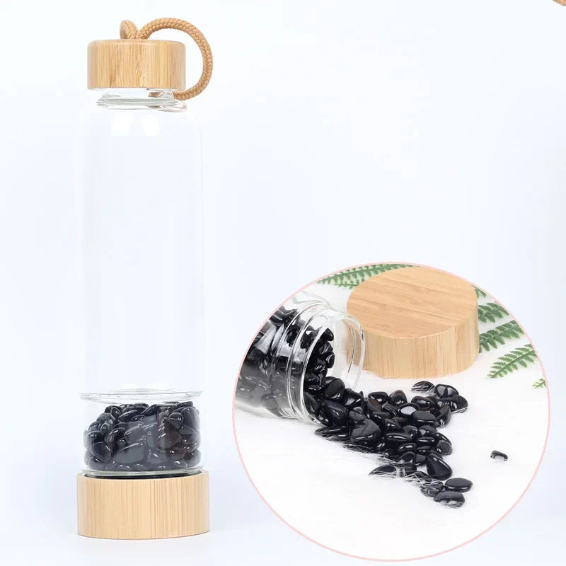 Gemstone Glass Water Bottle with Bamboo Lid and Cord